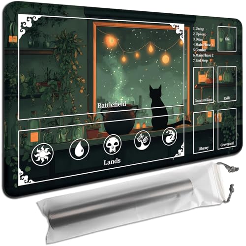 MTG Playmat with Zones 35x19.7 Inch – Trading Card Game Mat for Magic The Gathering,Commander Playmat with Storage Bags,TCG Card Battle Mat,Black Cat Witch Kitchen - color: Black Cat Witch Kitchen, size: 35x19.7 in