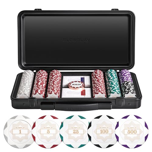 SLOWPLAY Nash Clay Poker Set, 14g&40mm Poker Chips for Texas Hold'em | White Gold Edition; 300 pcs Numbered Full Set; premium case with PC Shell; clay composite poker chips; Art Deco style - color: White Gold, size: 300PCS Numbered Full Set (1, 5, 25, 100