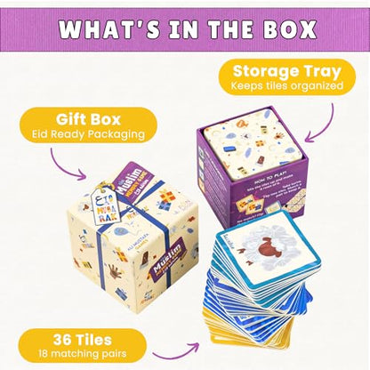 The Muslim Memory Game Eid Edition, Ramadan Gifts for Kids Ages 4-8, Islamic Educational Toy, Eid Gifts for Children, Screen-Free Family Matching Game with Arabic Guide