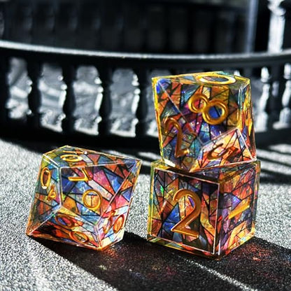 HAOMEJA Double Layered Resin Dice Set 7pcs/ Stained Glass Effect & Gold Numbers/Sharp Edged Polyhedral Dice/Apply to D&D/DND/Dungeons & Dragons/Role Playing Game/Party Gift - color: 3 Various Colors