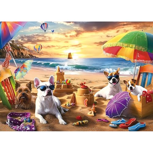 1000 Piece Puzzle Summer Beach Dogs – Dog Party with Sandcastles & Umbrellas, Colorful Sunset Scenery, Jigsaw Puzzle 27.56x19.68 Inch, for Dog Lovers & Families - color: Beach Vacation Dog, size: 27.56" X 19.68"