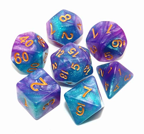 DND Dice Set Lake Blue & Purple Polyhedral RPG Dice for Dungeon and Dragons D&D Role Playing Games Table Games Glitter Dice - color: Lake Blue Mix Purple+glitter