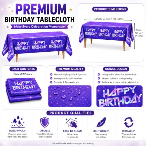 IndoTribe, 2Pcs Puprle Plastic Table Cloth Disposable 108x54 Inch Iridescent Holographic Plastic Waterproof Tablecloths Plastic Table Cover Concert Birthday Party Decorations Table Cloth Rectangle - color: Purple
