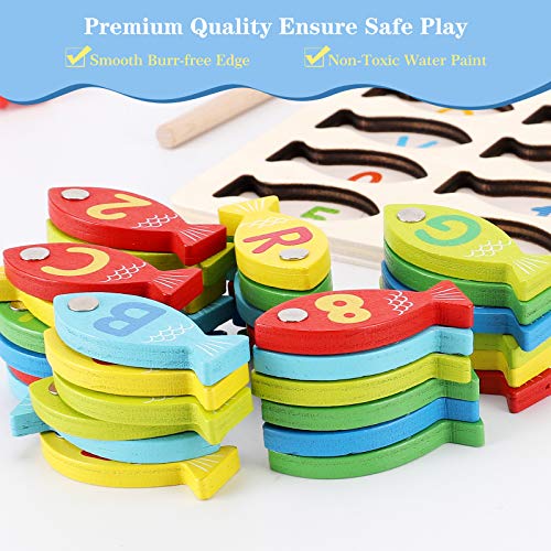 Magnetic Wooden Fishing Game Toy for Toddlers, Alphabet Fish Catching Counting Games Puzzle with Numbers and Letters, Preschool Learning ABC Math Educational Toys 3 4 5 Years Old Girl Boy Kids - color: Multicolor