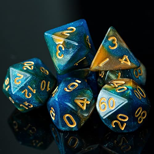 7-Die DND Dice Set Polyhedral Dice Set with a Leather Dice Bag, D&D Dice Set for RPG Table Games (Blue Yellow/Glitter) - color: Blue Yellow/Glitter