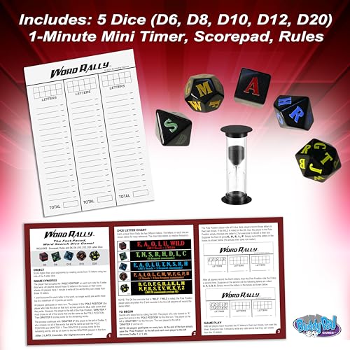 Word Rally Fast-Paced Word Building Family Dice Game | Fun Game with 5 Different RPG Letter Dice | Perfect for Travel, Parties, and Game Night | 2+ Players, Ages 8+