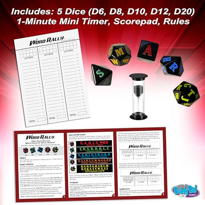 Word Rally Fast-Paced Word Building Family Dice Game | Fun Game with 5 Different RPG Letter Dice | Perfect for Travel, Parties, and Game Night | 2+ Players, Ages 8+