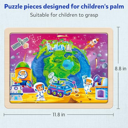 SYNARRY Large US World Earth Solar System Wooden Puzzles for Kids Gift Box(12.2 * 9.4 in), Puzzles for Toddlers 3-5, Wood Puzzles for Kids Ages 4-6, Easter Basket Stuffers Gifts for Kids - style: US World Earth Solar System