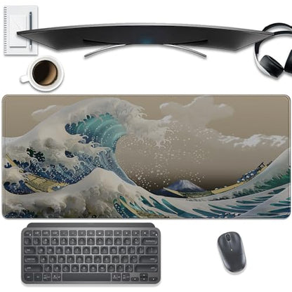 Japanese Wave Large Gaming Mouse Pad Desk Pad, 27.5x11.8in The Great Wave Off Kanagawa Extended Desk Mat with Stitched Edges, Non-Slip Waterproof Rubber Base for Office, Computer & Laptop - color: Waves