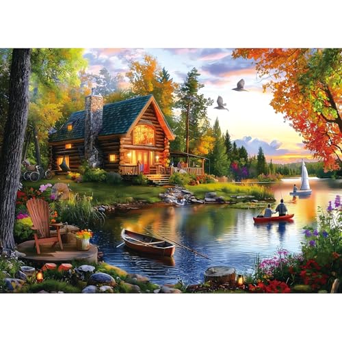 Puzzles for Adults 1000 Pieces – Autumn Lake & Log House Scenery, 27.56x19.68 Inch Format Durable Premium Jigsaw Puzzle for Adults for Puzzle Enthusiasts - color: Lakeside Cottage, size: 27.56" X 19.68"