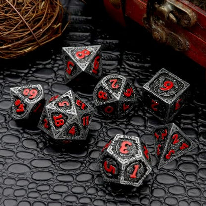 Haxtec Metal DND Dice Set, 7 Pcs Dragon Pattern Polyhedral Dice for RPG | Red Numbers D&D with Leather Bag, Compatible with Dungeons and Dragons, Matte Black Heavy Metallic, Gifts for Table Games - color: Matt Black Red