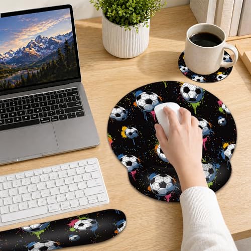 Soccer Keyboard Wrist Rest Pad Ergonomic Mouse Pad Set,3 in 1 Memory Foam Mouse Pad with Non Slip Base for Office and Home - color: Soccer