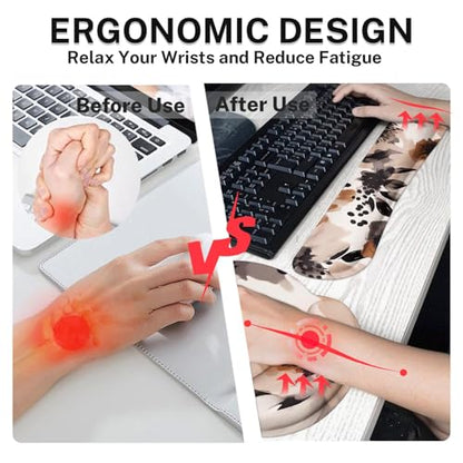 Britimes Brown Boho Tribal Flower Keyboard Mouse Pad Set 4in1 Large Mousepad+Keyboard Wrist Rest+Mouse Wrist Rest+Coaster Set with Ergonomic Design for Home Office Computer 35.4x15.7 inches - color: Brown Boho Flower