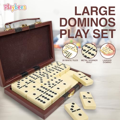 Playbees Jumbo Double Six Dominoes Set - 28 White Classic Tiles in Faux Leather Case - Fun Educational Toy for Kids, Boys, Girls, Classroom Kit, Classic Game Night Party Favors Set, Travel-Friendly - size: Ivory