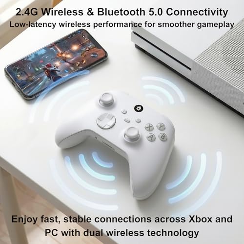 ECUBit Wireless Gaming Controller Compatible with Xbox Series X and Series S, Xbox One and Windows PC, Bluetooth Controller with 1400mAh Rechargeable Battery and LED Power Display, Dual Vibration, USB C Charging, 3.5mm Headset Jack, White