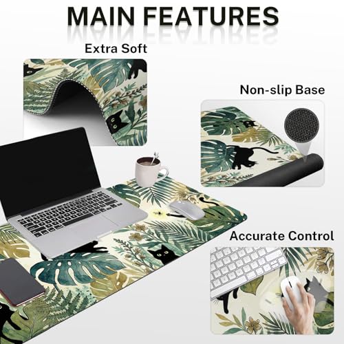 Britimes Green Tropical Plants Keyboard Mouse Pad Set Black Cats 4in1 Large Mousepad+Keyboard Wrist Rest+Mouse Wrist Rest+Coaster Ergonomic Design for Home Office Computer 35.4x15.7 inches - color: Tropical Plants and Cat