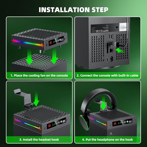 Auto Cooling Fan for Xbox Series X with LED Temperature Display&9 RGB Light | Smart Thermally-Adjustable Cooling System for Xbox Series X, 9 Lighting Modes, Cooler&Light Switch, Headset Hook, USB Port