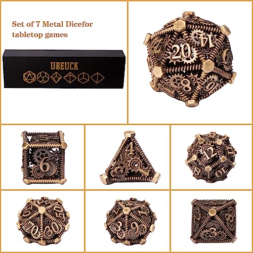 DND Metal Dice Set, UBEUCK 7PCS Gear Metal DND Dice Set for Dungeons & Dragons Board Games Boxes(Bronze Gear) - color: Bronze Gear