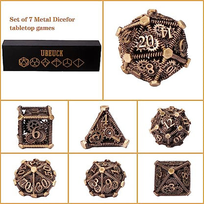 DND Metal Dice Set, UBEUCK 7PCS Gear Metal DND Dice Set for Dungeons & Dragons Board Games Boxes(Bronze Gear) - color: Bronze Gear