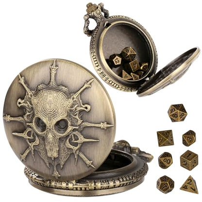 Mini DND Dice Set Steampunk Warlock Pocket Watch Shell Case, 7pcs Polyhedral Metal D&D Dice Set, DND Gifts with Gift Box for Gamer, Role Playing Board Games Accessories, Bronze - color: Warlock