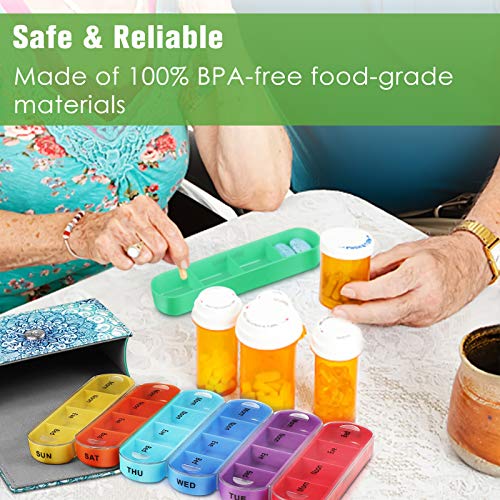 FINPAC Weekly Pill Organizers 4 Times A Day, Slide Open PU Leather Case Travel Pill Vitamin Medicine Reminder and Planner with Name Card for Morning| Afternoon| Evening| Bedtime (Emerald Illusions) - color: Emerald Illusions