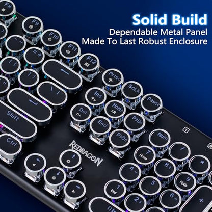 Redragon K710 Wireless Typewriter Style Mechanical Gaming Keyboard, Black | Bluetooth/2.4Ghz/Wired Tri-mode, RGB Backlit, Rechargeable Battery, Clicky Blue Switch, Solid Metal Panel, Round Keycaps