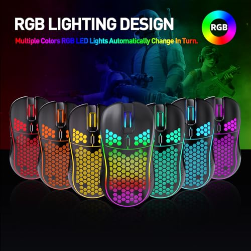 Wireless Gaming Mouse, Rechargeable Computer Mouse Ergonomic Mice Honeycomb Design with RGB Backlight, USB Receiver, 7 Buttons, Adjustable DPI, Wireless Mouse for PC/Mac/Laptop