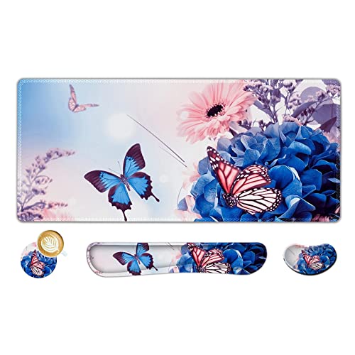 AIMSA Large Gaming Mouse Pad Set, Keyboard Wrist Rest Support Mouse Pad, Ergonomic Memory Foam Multifunctional Extended Desk Mat 35x15.7in Anti-Slip Rubber Base for Office Home, Butterfly Flower - color: Butterfly Flower