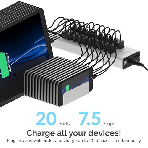 SABRENT 90W 20-Port USB 2.0 Charging Station (AX-P20C) | 20 USB charging ports; 90W; includes 12V power supply; multi-device desktop charger - size: 20-PORT