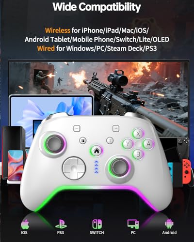 Bcofo Wireless Mobile Gaming Controller for iPhone/Android/Switch/Laptop, Wired Control for PC/Steam, Programmable Game Gamepad with Phone Clip for Gamer, with RGB Lighting/Turbo/Vibration (Gray) - color: Gray