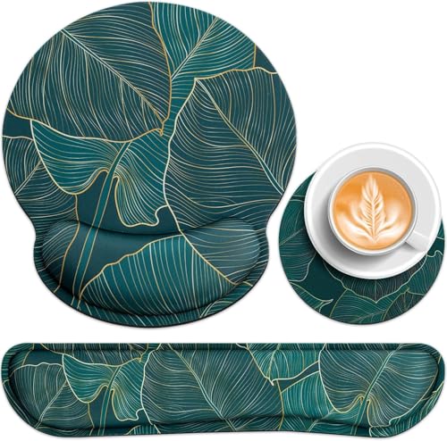 Mouse Pad with Wrist Rest Set, 3-in-1 Wrist Support Mousepad | Gaming Mat Pad with Anti-Skid Base,Ergonomic Mouse Pad Green,Memory Foam Gel Wrist Rest for Computer Keyboard - color: Golden Green Palm Leaves