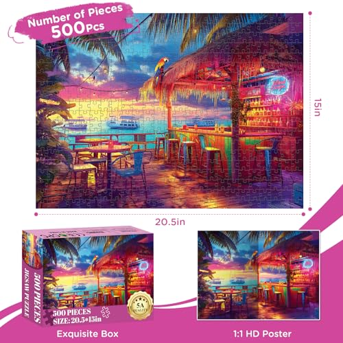 500 Pieces Puzzles for Adults,Beach Bar at Sunset Cool Summer Jigsaw Puzzle | Interlock Perfectly Letter on Back No Dust,Home Wall Art Decor,Challenging Perfect Birthday Party Gift for Family, 20.5x15 In - style: seaside