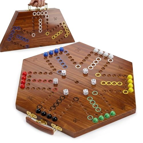Large Folding Wooden Wahoo Board Game Set, 6 Player Wahoo Marble Game with Integrated Accessory Storage, Fast Track Tabletop Game for Family Gatherings and Adult Parties (Burnt Color) - color: Burnt Color