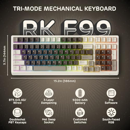 RK ROYAL KLUDGE F99 Wireless Mechanical Keyboard with Numper Pad, Tri-Mode Hot Swappable 95%100 Keys Gaming Keyboard BT/2.4G/USB-C, Pro Software, 5000mAh Battery, Customed Tactile Switches - color: Mocha Brown, size: Tactile Beige Switch