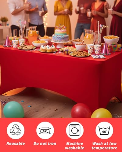 Fixwal Red Stretch Table Cloth Rectangle 2 Pack 6Ft, Spandex Fitted Table Covers Washable for Party, Trade Show, Banquet, Wedding, Buffet - color: Red, size: 6 Ft