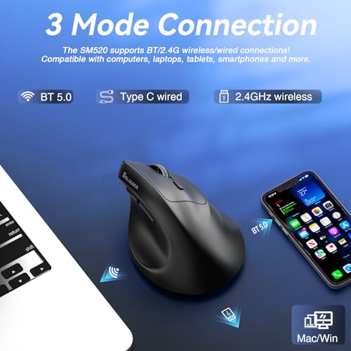 SOLAKAKA SM520 Ergonomic Wireless Mouse with 24,000 DPI, Black | BT5.0/2.4GHz/USB-C, Comfortable Vertical Design, Rechargeable Battery, Programmable Side Button, for Desktop, PC, Laptop - color: black