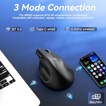 SOLAKAKA SM520 Ergonomic Wireless Mouse with 24,000 DPI, Black | BT5.0/2.4GHz/USB-C, Comfortable Vertical Design, Rechargeable Battery, Programmable Side Button, for Desktop, PC, Laptop - color: black