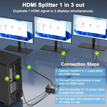 HDMI Splitter 1 in 3 Out, 4K HDMI Distributor for Triple Monitors, HDMI Splitter Copy 1 Source to 3 Displays at The Same Time for TV/Monitor/Projector/PS5/Laptop/STB (Power Cable Must Be Connected)