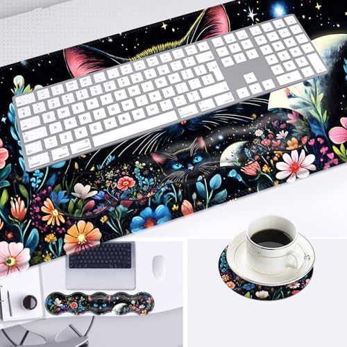 Large Mouse Pad and Keyboard Wrist Rest, Desk Pad for Keyboard and Mouse, 4-in-1 Large Gaming Mouse Pad with Wrist Support, Desk Mat for Home Office Study Game,Black Cat Flower - color: Black Cat Flower
