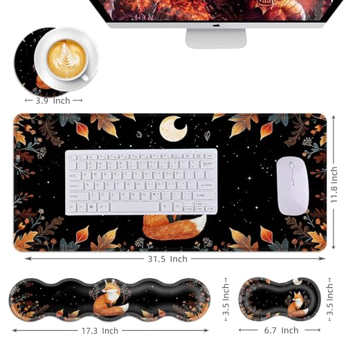Mouse Pad,Large Desk Mat Set, 4in1 XL Mousepad + Keyboard Wrist Rest+Mouse Wrist Rest+Coaster with Ergonomic Desk Pad for Home Office Table Computer Cover -Cute Fox Moon with Plants - color: Cute Fox Moon with Plants