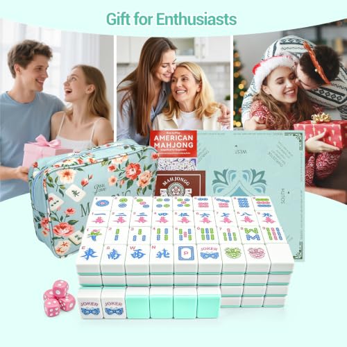 American Mahjong Tile Set, 166 Tiles (1.2”), Cute Mini Tiles-Sky-Blue Glaze | Mahjong Tile Set with Carrying Bag, Dice, Mat, Portable Travel Complete Game Set for Home Outdoor Enthusiast Gift - color: Sky-blue Glaze