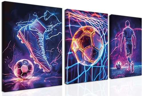 Cool Soccer Gaming Wall Art Set of 3, Neon Video Gamer Canvas Pictures, Colorful Soccer Game Painting Prints for Boys Room, Gaming Room Decor for Kids Gamer Room 12x16 inch Framed - color: Cool Football Sports Canvas, size: 16L" x 12W"
