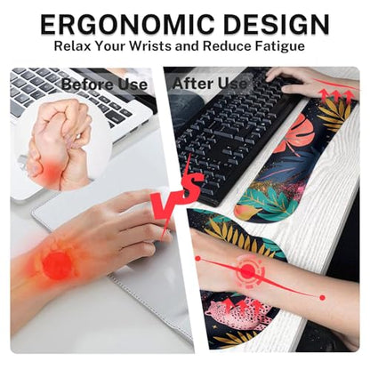 Arttown Keyboard Mouse Pad Set, 4 in 1 Desk Mat Set Leopard Tropical | Pink Leaves Large Mousepad+Keyboard Wrist Rest+Mouse Wrist Rest+Coaster Ergonomic Design for Home Office Computer - color: Pink Leopard