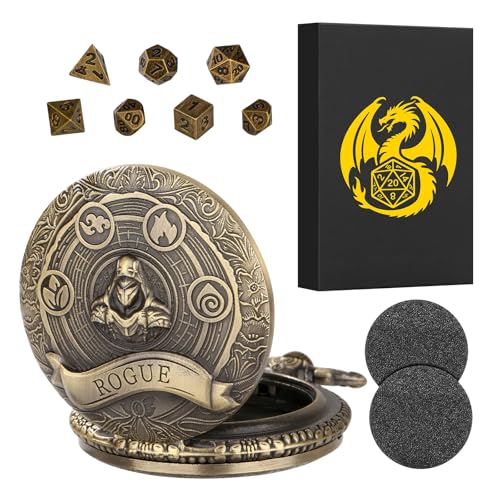 Mini DND Dice Set Steampunk Rogue Pocket Watch Shell Case, 7pcs Polyhedral Metal D&D Dice Set, D&D Gifts with Gift Box for Player, Role Playing Board Games Accessories, Bronze - color: Rogue