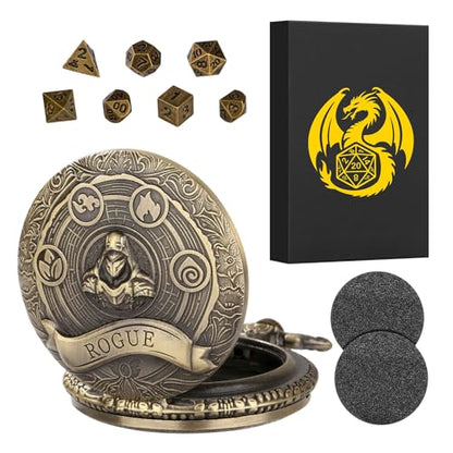Mini DND Dice Set Steampunk Rogue Pocket Watch Shell Case, 7pcs Polyhedral Metal D&D Dice Set, D&D Gifts with Gift Box for Player, Role Playing Board Games Accessories, Bronze - color: Rogue