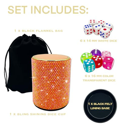 Bling Dice Cup Velvet Felt-Lined Quiet Shaker with Lid Includes 12 Dices Plastic Dice Cup Set for Bar Party Family Yahtzee Farkle Classic Dice Games (Orange) - color: Orange