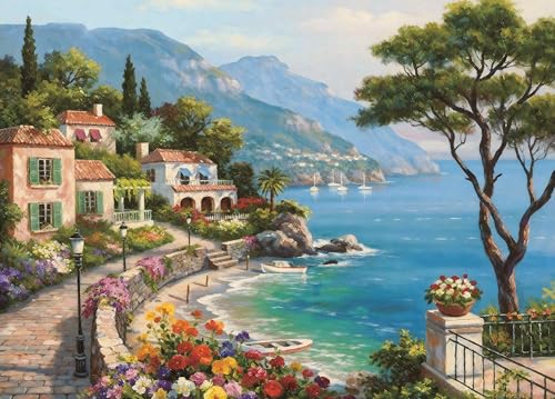 French Riviera Coastal Village Puzzle for Adults 1000 Pieces | Impressionist Mediterranean Oil Painting Art Jigsaw Puzzle, Storage Bag Included, Wall Decor, 27.5" x 19.6" - color: Coastal Villages