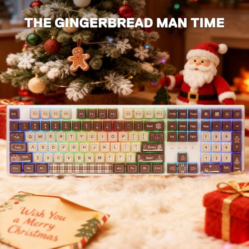 Redragon K668 Xmas Wired Gasket RGB Gaming Keyboard, 108 Keys Mechanical Keyboard w/Extra 4 Hotkeys, Upgraded Hot-swappable Socket, Sound Absorbing Foam, Christmas Gingerbread Man Themed Cute Keycaps - color: Gingerbread Man