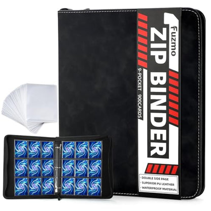 9 Pocket Trading Card Binder, 900 Cards Zip Album, Black | 50 Pcs Double Sided Sleeves, 3 Rings, Card Organizer for Baseball, Football, Basketball, Sports, Game Cards - color: Black