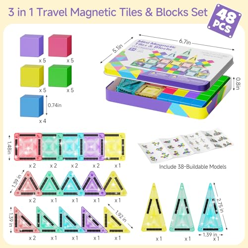 burgkidz Magnetic Tiles Travel Set: 48 PCS 3-in-1 Diamond Tin Box Mini Magnetic Blocks for Kids Ages 3-8, 60-Mins Quiet Focus with 45-Second Cleanup, Perfect for Air Travel & Car Trips Boys & Girls